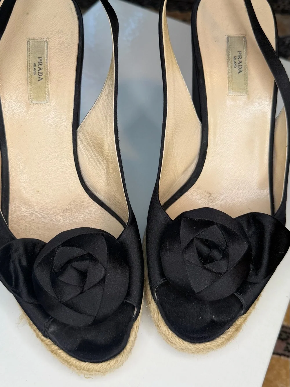 Prada Black Satin Slingback Espadrille Wedges with Rosette